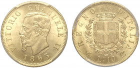 Regno d'Italia, Vittorio Emanuele II, 10 Lire 1863-T, Au g 3,22 In Slab PCGS MS64 (cert. 33847450)