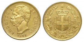 Regno d'Italia, Umberto I, 20 Lire 1881, Au g 6,45 fondi speculari, SPL-FDC Prooflike