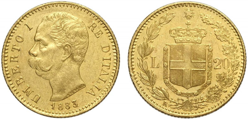 Regno d'Italia, Umberto I, 20 Lire 1883, Au g 6,45 SPL-FDC