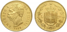 Regno d'Italia, Umberto I, 20 Lire 1883, Au g 6,45 SPL-FDC