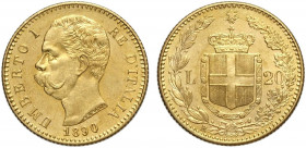 Regno d'Italia, Umberto I, 20 Lire 1890, Au g 6,45 fondi speculari, SPL-FDC