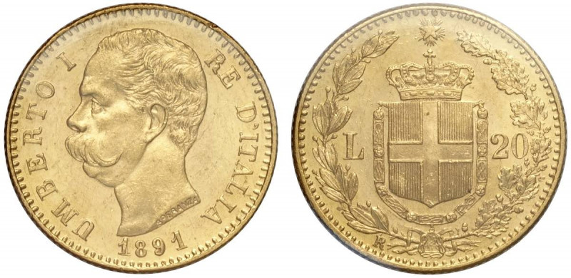 Regno d'Italia, Umberto I, 20 Lire 1891, Au g 6,45 sigillata q.FDC-FDC da Perito...