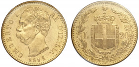 Regno d'Italia, Umberto I, 20 Lire 1891, Au g 6,45 sigillata q.FDC-FDC da Perito Numismatico