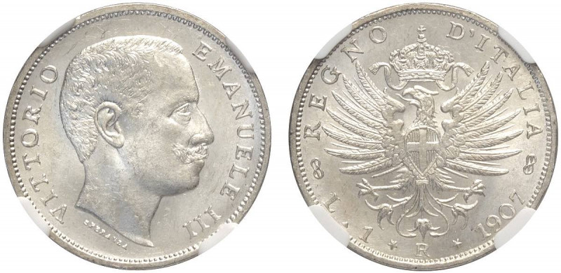 Regno d'Italia, Vittorio Emanuele III, Lira 1907, Ag mm 23 in Slab NGC MS63 (cod...
