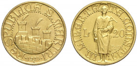 San Marino, Vecchia Monetazione, 20 Lire 1925, RR Au g 6,45 lieve pulitura, SPL
