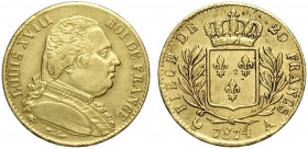 France, Louis XVIII, 20 Francs 1814-A, Au g 6,45 BB+