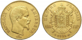 France, Napoleon III, 100 Francs 1859-A Au g 32,25 colpetto, BB+