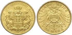 Germany Hamburg, Free City, 20 Mark 1895-J, Au g 7,97 SPL+