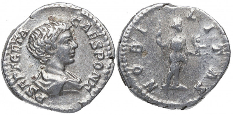 203/4 d C. Geta. Roma. Denario. DS 4507 g. Ag. 3,36 g. NOBILITAS. Nobleza a dere...