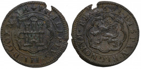 1602. Felipe III (1598-1621). Segovia. 4 Maravedís. A&C 237. Cu. 5,62 g. Ligeras oxidaciones y rotura. MBC-. Est.25.