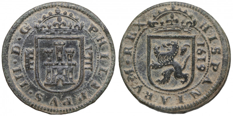 1619. Felipe III (1598-1621). Segovia. 8 Maravedís. A&C 339. Ve. 6,20 g. MBC-. E...