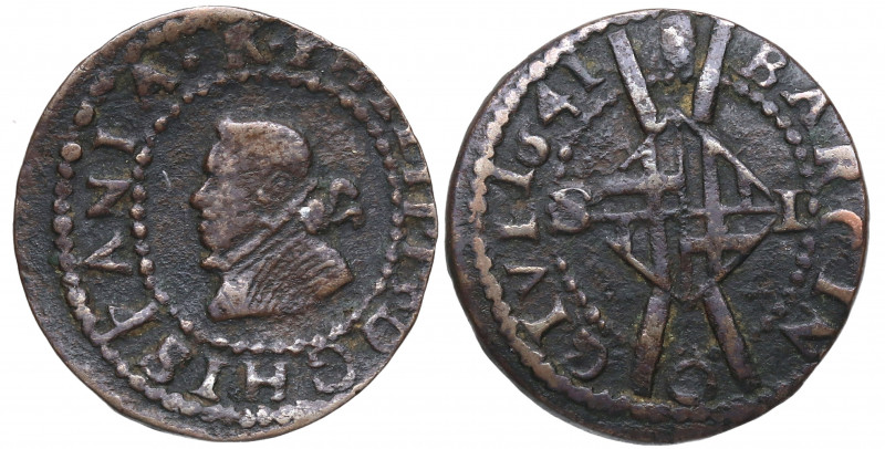 1641. Guerra dels Segadors. Barcelona. Sisé. A&C 36. Cu. 0,85 g. Busto de Felipe...