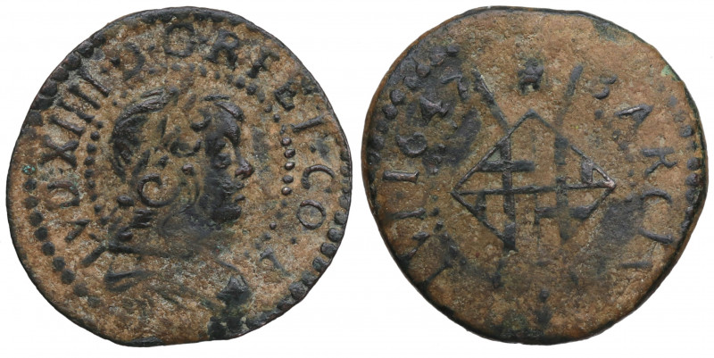 1647. Guerra dels Segadors. Barcelona. Sisé. A&C 51. Cu. 3,48 g. Busto de Luis X...