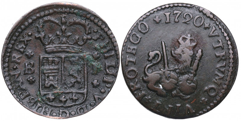 1720. Felipe V (1700-1746). Barcelona. Maravedí . A&C 45. Cu. 1,88 g. MBC-. Est....