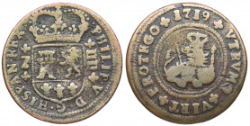 1719. Felipe V (1700-1746). Zaragoza. 4 Maravedís. A&C 101. Cu. 8,46 g. MBC- /BC+. Est.20.
