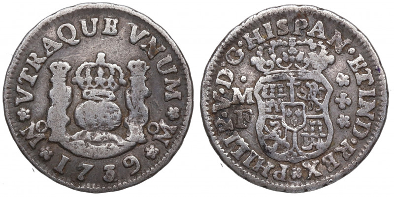 1739. Felipe V (1700-1746). México. 1/2 Real Columnario. MF. A&C 262. Ag. 1,56 g...