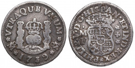 1739. Felipe V (1700-1746). México. 1/2 Real Columnario. MF. A&C 262. Ag. 1,56 g. MBC- / MBC. Est.50.