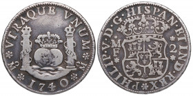 1740. Felipe V (1700-1746). México. 2 Reales Columnario. MF. A&C 824. Ag. 6,51 g. Rara. MBC. Est.250.
