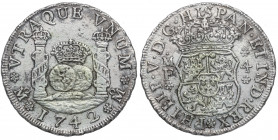 1742. Felipe V (1700-1746). México. 4 Reales Columnario. MF. A&C 1127. Ag. 13,14 g. Ligeras oxidaciones. RARA. (MBC+). Est.350.
