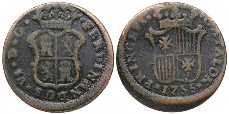 1755. Fernando VI (1746-1759). Barcelona. Ardit. A&C 2. Cu. 2,51 g. MBC- /BC+. E...