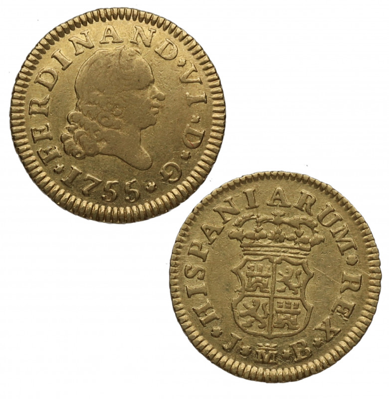 1755. Fernando VI (1746-1759). Madrid. 1/2 escudo. JB. A&C 558. Au. 1,77 g. Atra...