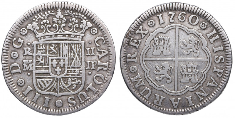 1760. Carlos III (1759-1788). Madrid. 2 Reales. JP. A&C 608. Ag. 5,83 g. Escasa....