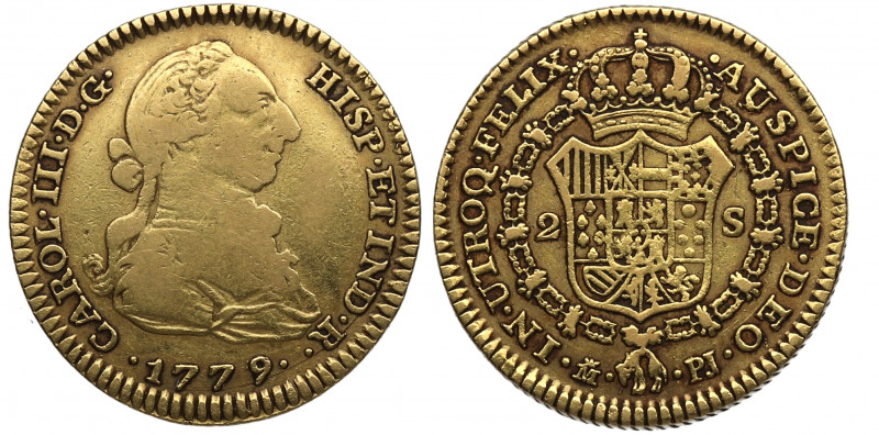 1779. Carlos III (1759-1788). Madrid. 2 Escudos. PJ. A&C 1557. Au. 6,68 g. MBC- ...