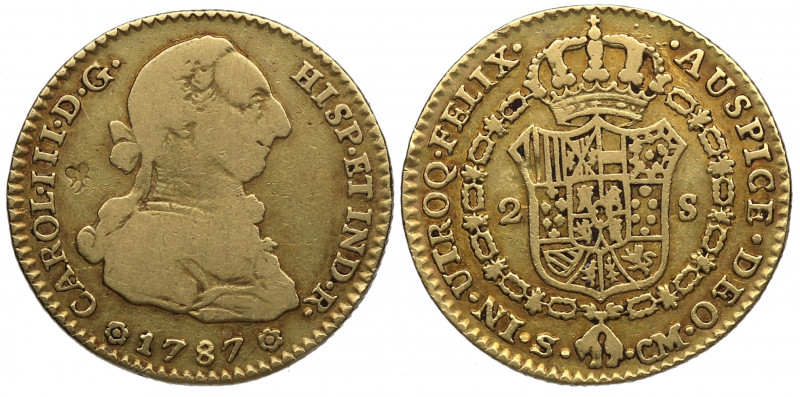 1787. Carlos III (1759-1788). Sevilla. 2 Escudos. CM. A&C 1736. Au. 6,60 g. Rese...