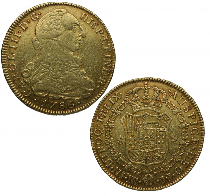 1786. Carlos III (1759-1788). Nuevo Reino. 8 escudos. JJ. A&C 2120. Au. 26,93 g....