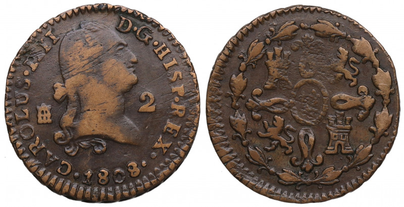 1808. Carlos IV (1788-1808). Segovia. 2 Maravedís. A&C 41. Cu. 2,73 g. MBC-. Est...