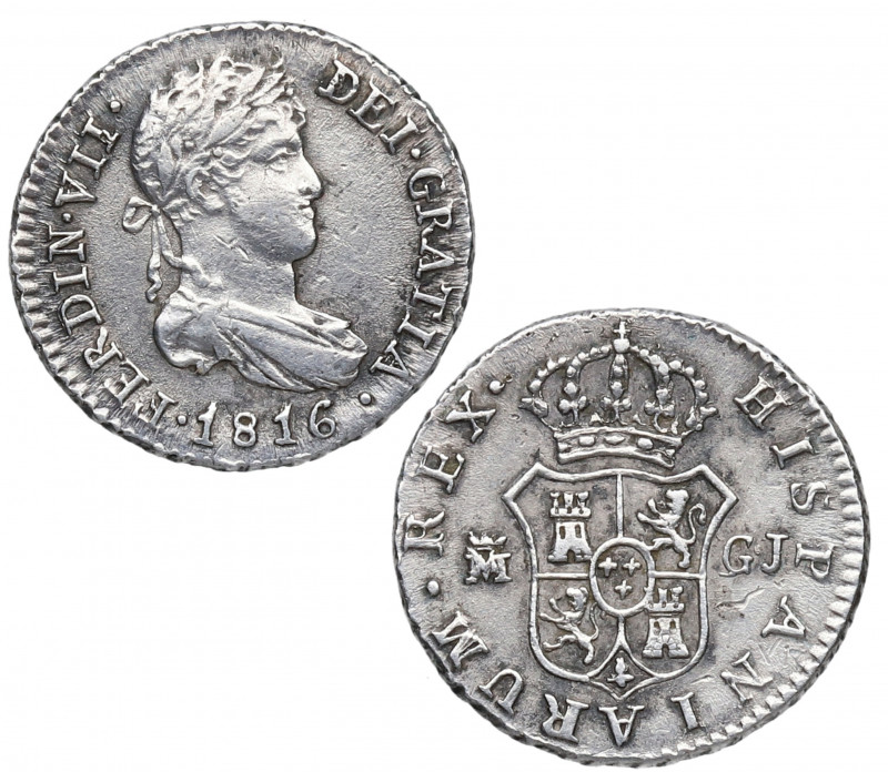 1816. Fernando VII (1808-1833). Madrid. 1/2 Real. GJ. A&C 370. Ag. 1,45 g. Escas...