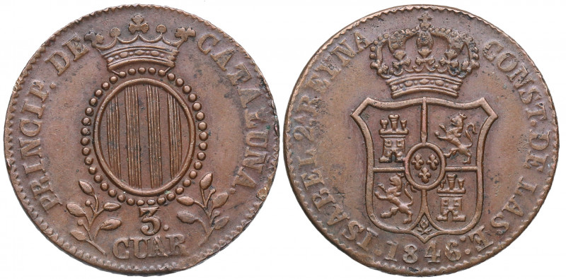 1846. Isabel II (1833-1868). Barcelona. 3 Cuartos. A&C 13. Cu. 7,08 g. MBC-. Est...