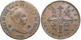 1855. Isabel II (1833-1868). Barcelona. 8 Maravedís. A&C 98 sobre 6 Cuartos de 1838. Cu. 10,11 g. Escasa. MBC. Est.40.
