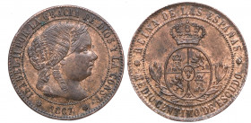 1867. Isabel II (1833-1868). Barcelona. 1/2 Céntimo de Escudo. CM. A&C 200. Cu. 1,29 g. EBC. Est.40.