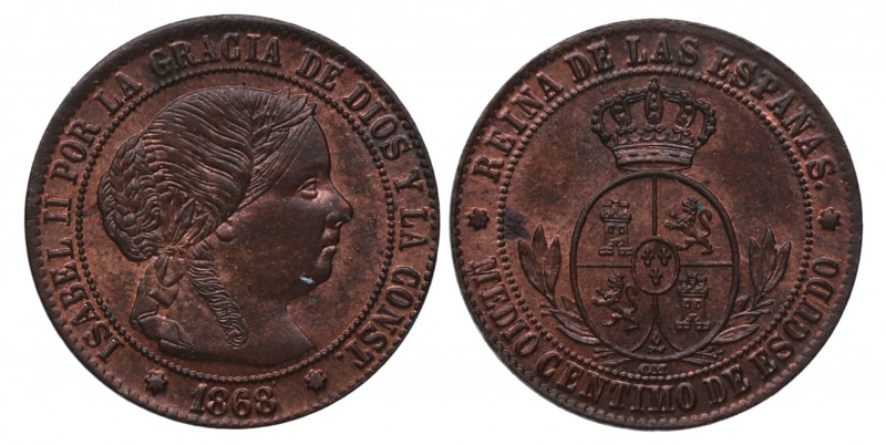 1868. Isabel II (1833-1868). Sevilla. 1/2 Céntimo de Escudo. OM. A&C 212. Ae. 1,...