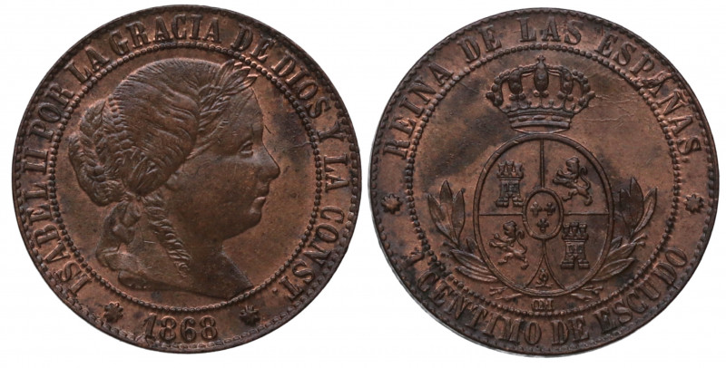 1868. Isabel II (1833-1868). Sevilla. 1 Céntimo de Escudo. OM. A&C 216. Ae. 2,55...
