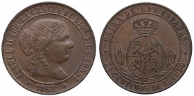 1868. Isabel II (1833-1868). Segovia. 2,5 céntimos Escudo. CM. A&C 241. Cu. 6,23 g. EBC+/ EBC. Est.60.