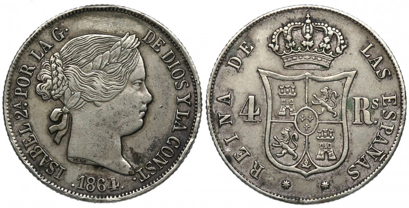 1864. Isabel II (1833-1868). Barcelona. 4 Reales. A&C 439. Ag. 4,44 g. Falsa de ...