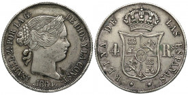 1864. Isabel II (1833-1868). Barcelona. 4 Reales. A&C 439. Ag. 4,44 g. Falsa de época. MUY CURIOSA. MBC. Est.20.
