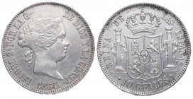 1864. Isabel II (1833-1868). Madrid. 10 Reales. A&C 541. Ag. 13,00 g. Ligera limpieza en reverso. EBC. Est.120.