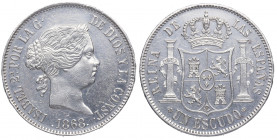1868*68. Isabel II (1833-1868). Madrid. Escudo . A&C 567. Ag. 12,96 g. Insignificantes marquitas. EBC. Est.100.