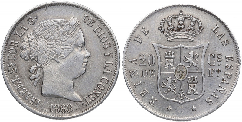1868. Isabel II (1833-1868). Manila. 20 Centavos. A&C 661. Ag. 5,15 g. MBC+ / MB...