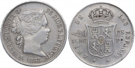 1868. Isabel II (1833-1868). Manila. 20 Centavos. A&C 661. Ag. 5,15 g. MBC+ / MBC. Est.80.