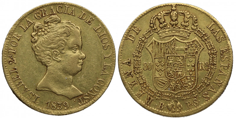 1839. Isabel II (1833-1868). Barcelona. 80 reales. PS. A&C 704. Au. 6,70 g. La T...