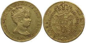 1839. Isabel II (1833-1868). Barcelona. 80 reales. PS. A&C 704. Au. 6,70 g. La T debajo de la Figura. EBC- / MBC+. Est.425.