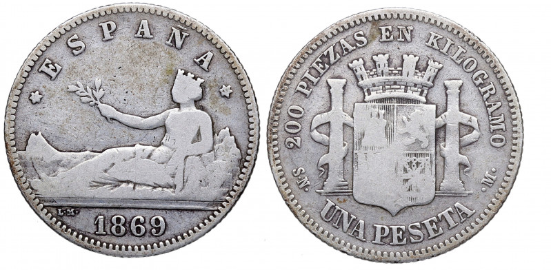 1869*69. Gobierno provisional (1868-1871). 1 Peseta. SNM. A&C 17. Ag. 4,76 g. BC...
