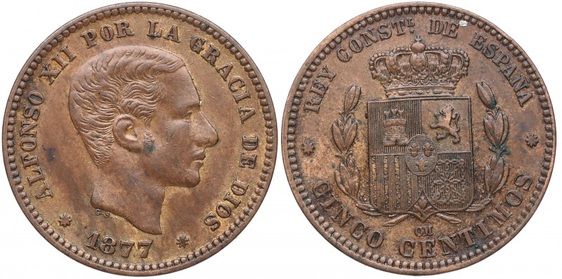 1877. Alfonso XII (1874-1885). Barcelona. 5 Céntimos. CM. A&C 4. Cu. 4,94 g. MBC...