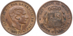 1877. Alfonso XII (1874-1885). Barcelona. 5 Céntimos. CM. A&C 4. Cu. 4,94 g. MBC. Est.20.