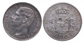 1885*86. Alfonso XII (1874-1885). Madrid. 50 céntimos. MSM. A&C 14. Ag. 2,50 g. Atractiva. EBC-. Est.35.