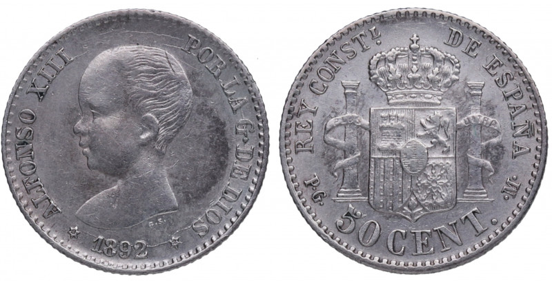 1892*92. Alfonso XIII (1886-1931). Madrid. 50 céntimos. PGM. A&C 28. Ag. 2,50 g....